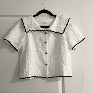 Collared Shirt Top Summer Polyester White Navy Trim